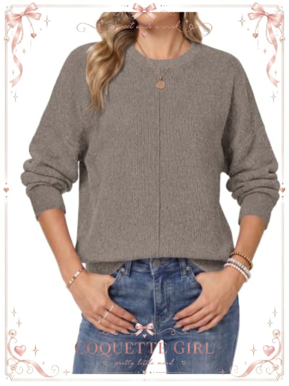 Womens Crewneck Knit Sweater Long Sleeve Loose Pullover